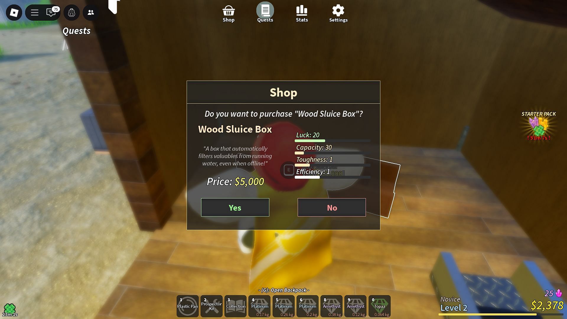 Sluice stats (Image via Roblox)